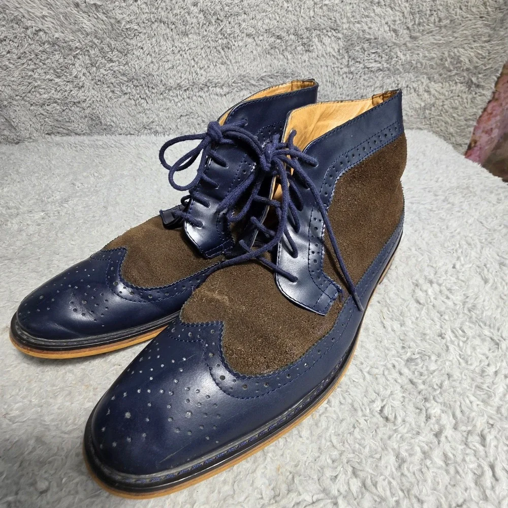 La Milano Italian Two tone Wingtip Brogue Chukka Boots Navy Suede Leather Men 12